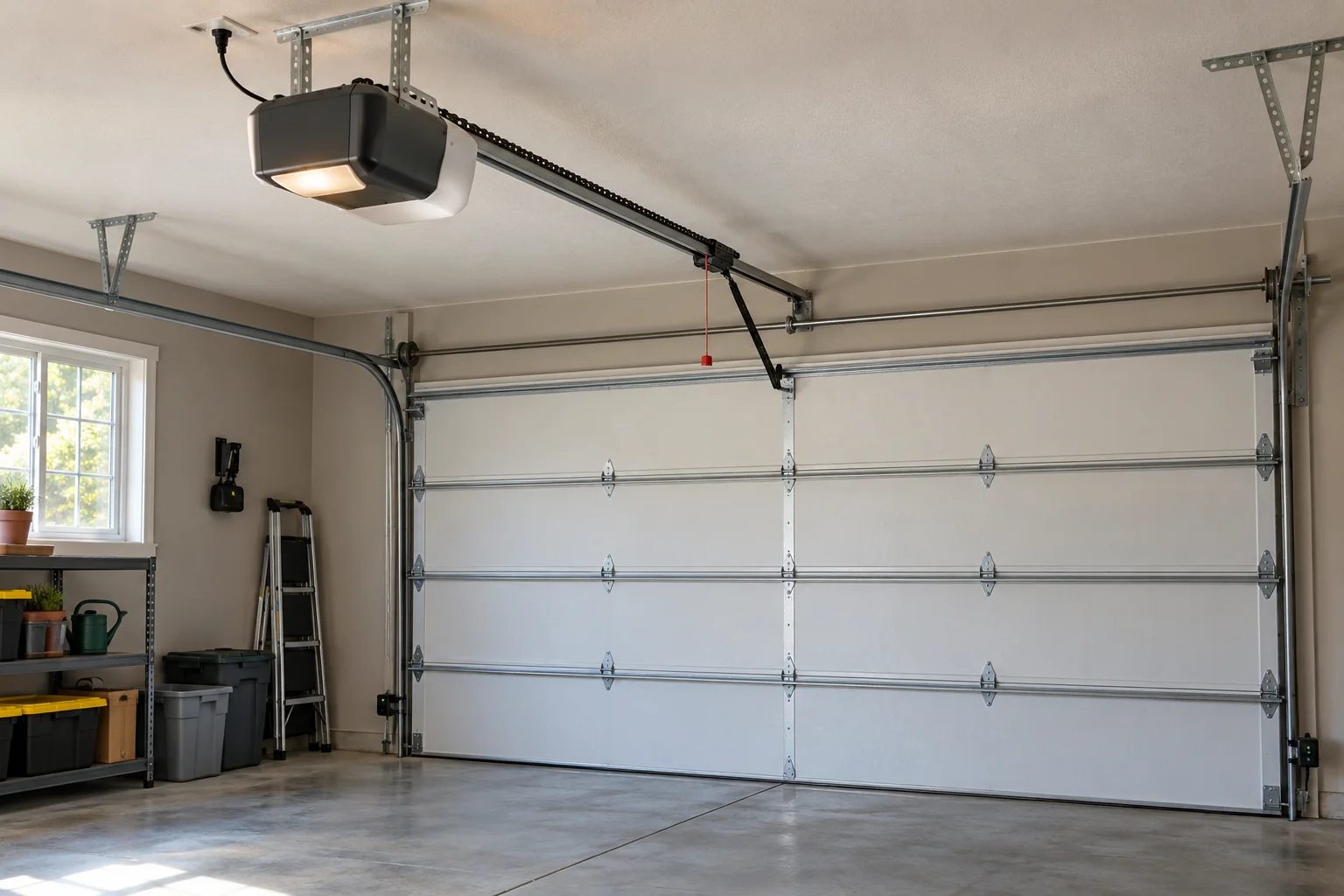 Ceiling-mounted chain-drive garage door opener, rail, trolley, door arm, and photo-eye sensors in a residential garage.