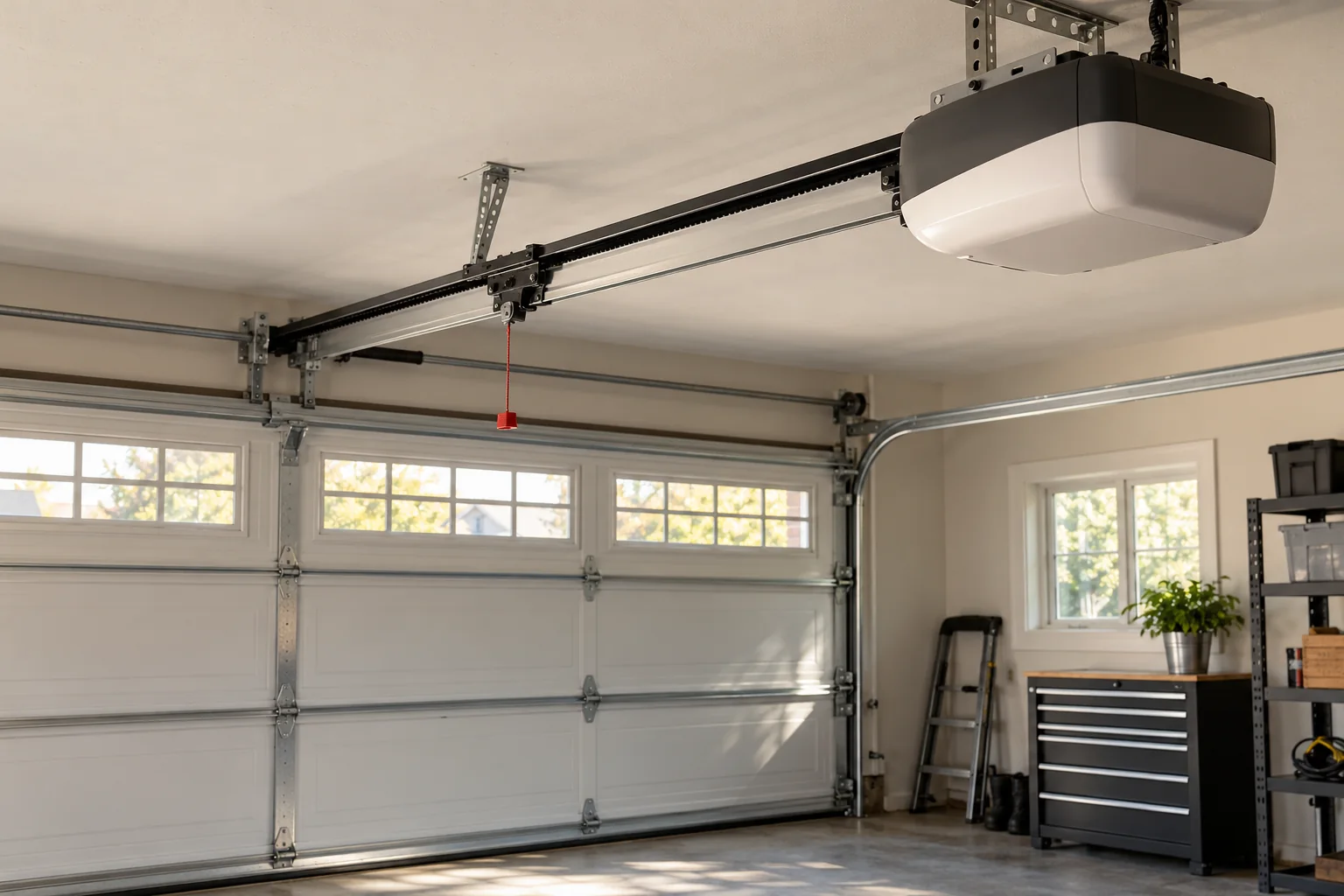 Belt-drive garage door opener rail above an insulated sectional garage door