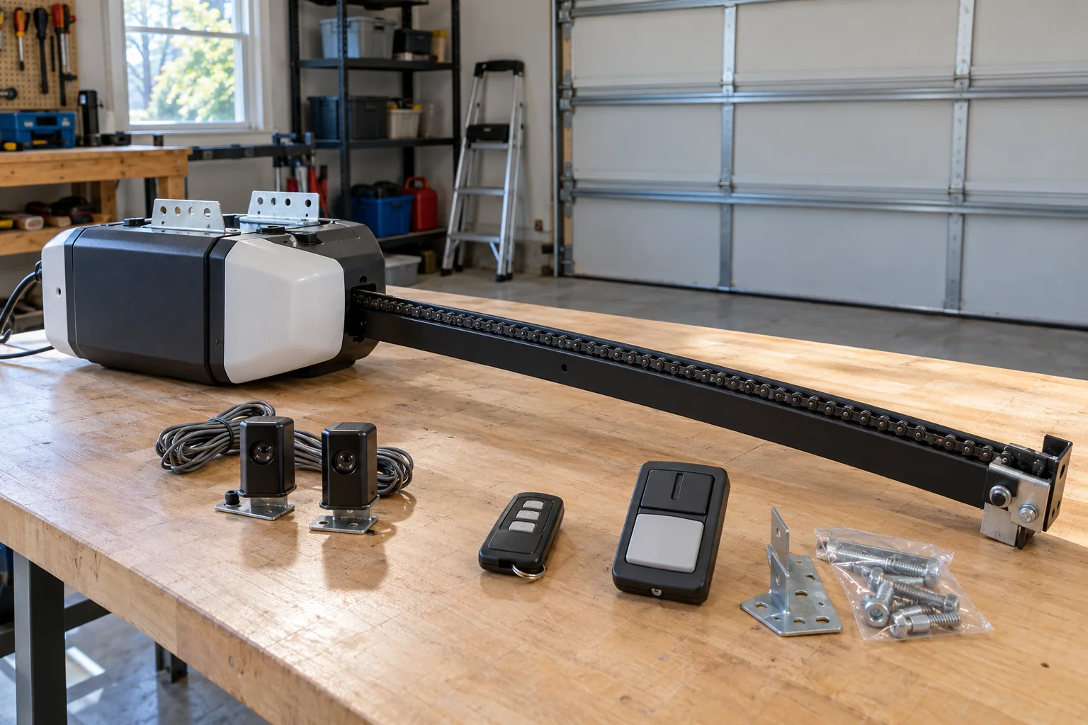 Garage door opener chain rail, motor, safety sensors and remotes arranged for a kit check