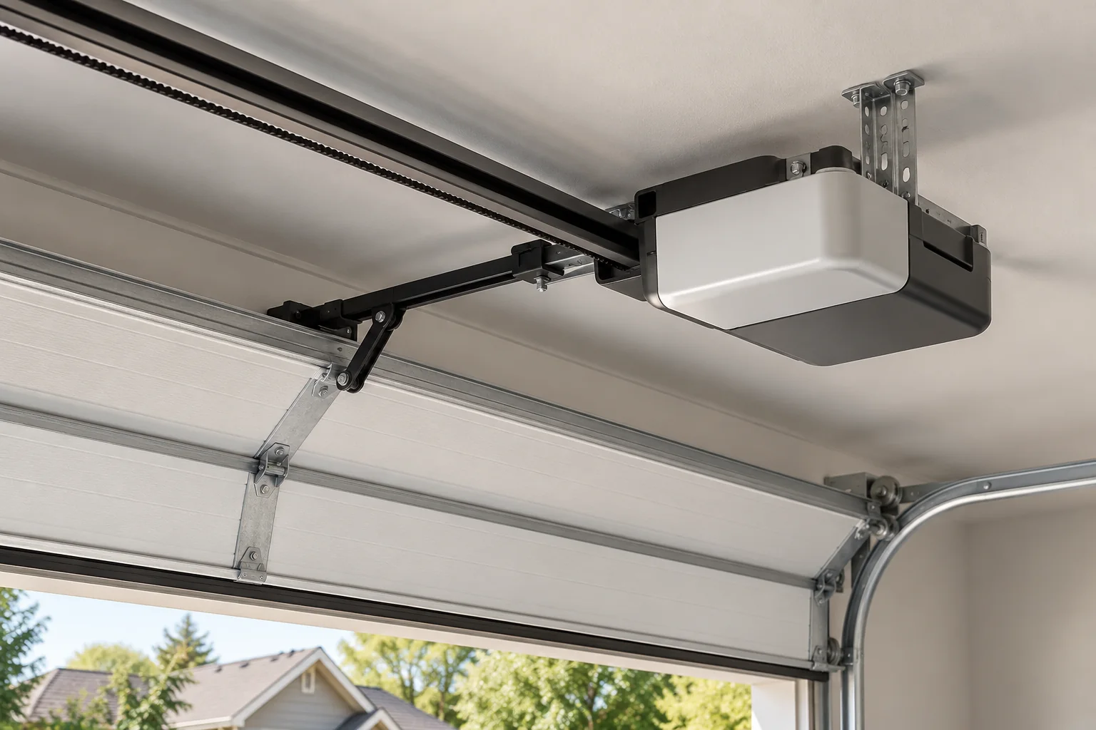Direct-drive garage door opener rail and moving motor above a sectional door