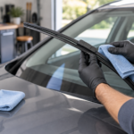 A gloved hand inspects and cleans a lifted windshield wiper blade with a microfiber cloth in a garage